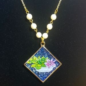 Succulent Planter Blue Glitter Resin Necklace Handmade